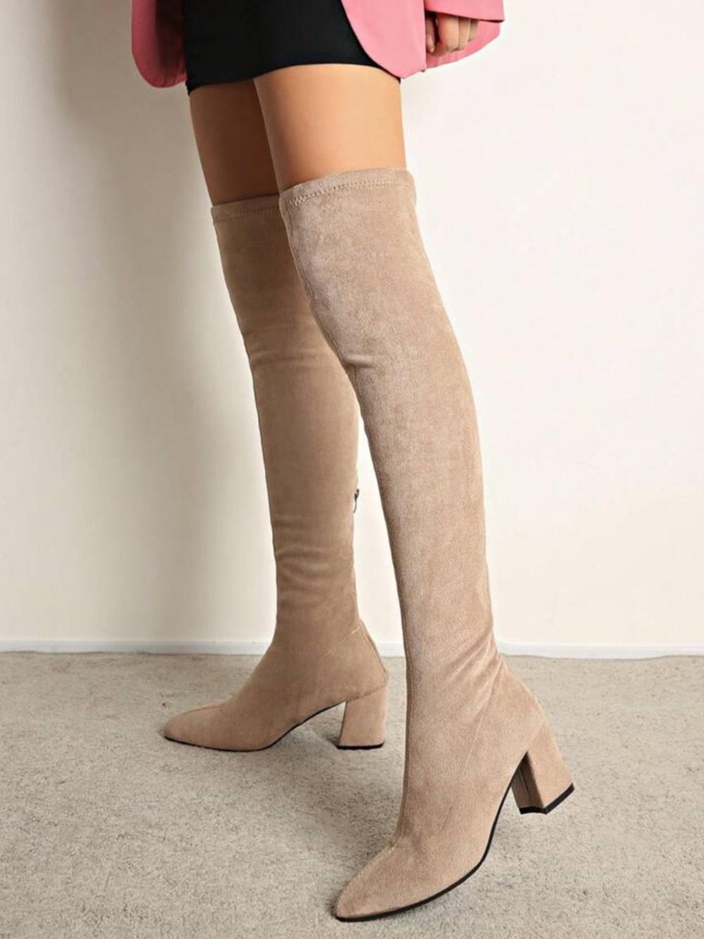 Beige Over-The-Knee Suede Boots – Chunky Heel Thigh High Boots - 9.5 - Picture 2 of 6